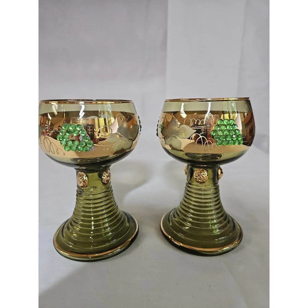 vintage german roemer Wiesbaden beehive gold green barware grapevine pattern